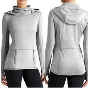 Athleta Hoodie Womens Small Plus Tech Grey Cross Over Thumbholes Pocket Travel